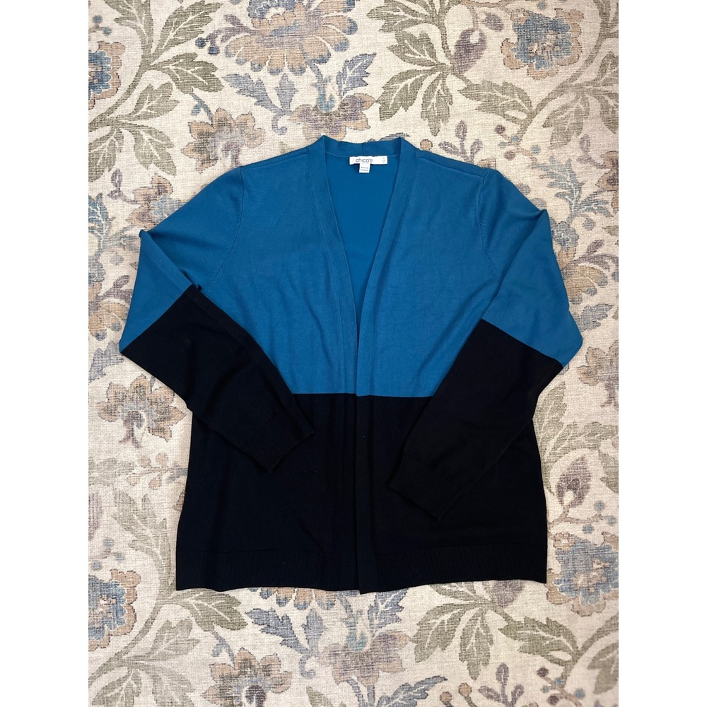 Chico's Cardigan Women Size 1 M Blue Black Excellent Colorblock Open Front